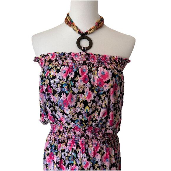 NINA PIU Floral Beaded Tie Sleeveless Dress Gathered Waist Maxi Size Large - Picture 3 of 9